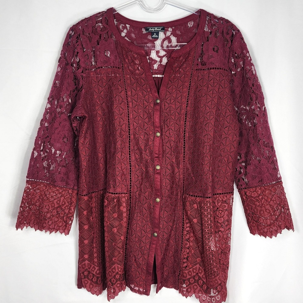 Lucky Brand Lace Crochet Henley Top Boho Whimsigoth Maroon Indie Festival Small